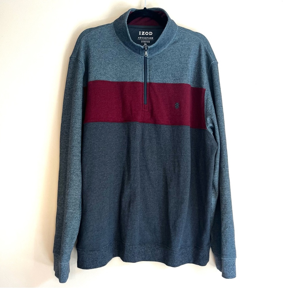 IZOD Sweater Men's XXL Funnel Neck Gray and Burgundy Preppy Warm Fall Zip-Up
